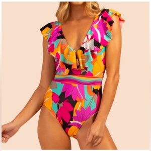 Trina Turk Gemini Womens 12 One Piece Ruffled Multicolor Swimsuit